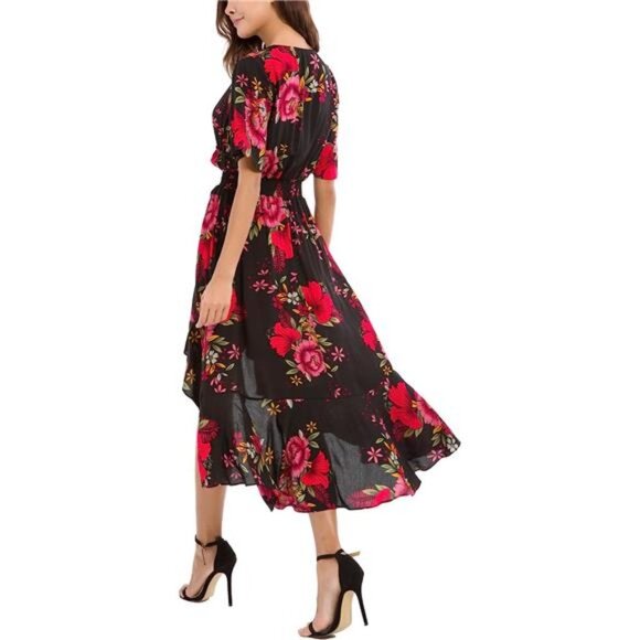 Black Floral Print High Low V-Neck Flowy A-Line Short Sleeve Long Midi Dress - Picture 3 of 6